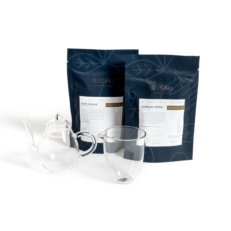 A Chinese Green Tea Bundle from Rishi Tea & Botanicals, including a glass cup and teapot.