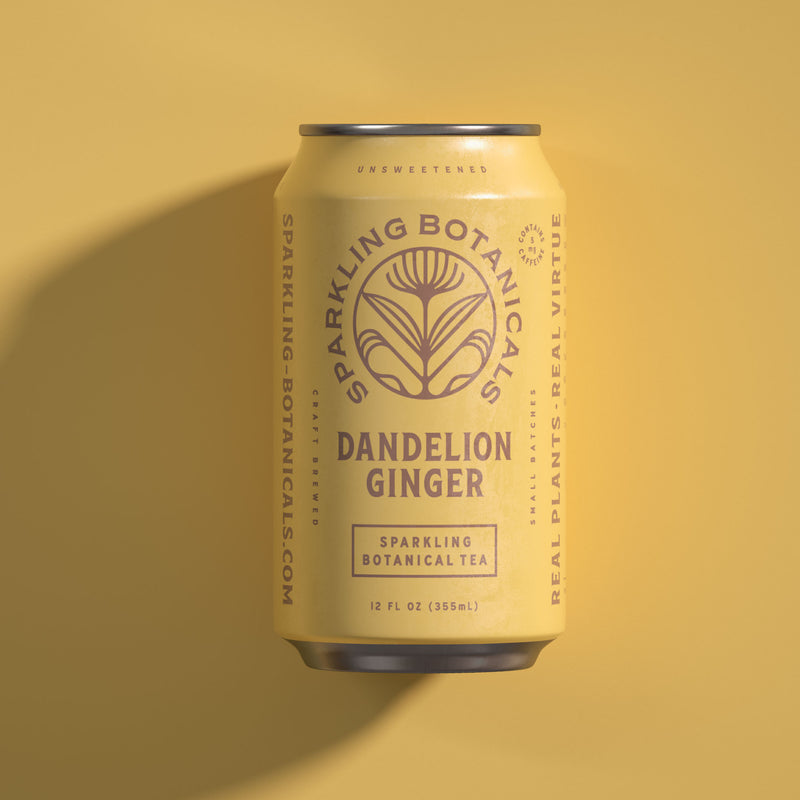 A can of Rishi Tea & Botanicals Dandelion Ginger on a yellow background.