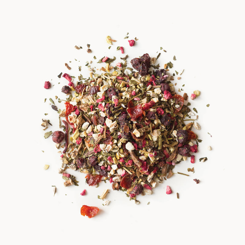 A pile of Ginseng Detox from Rishi Tea & Botanicals on a white background.