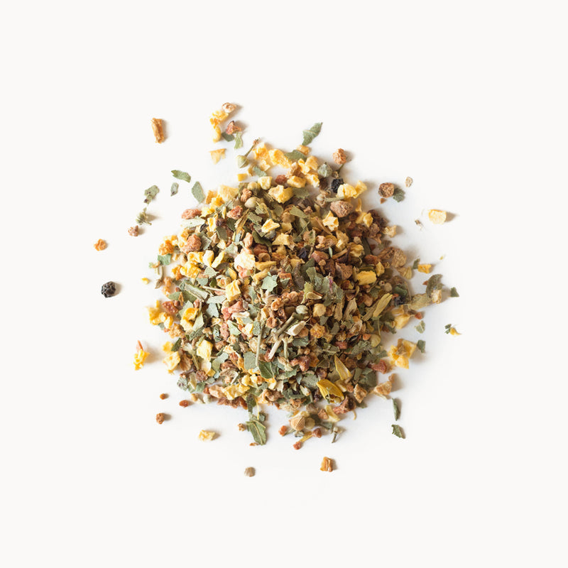 A pile of Quince Eucalyptus from Rishi Tea & Botanicals on a white background.