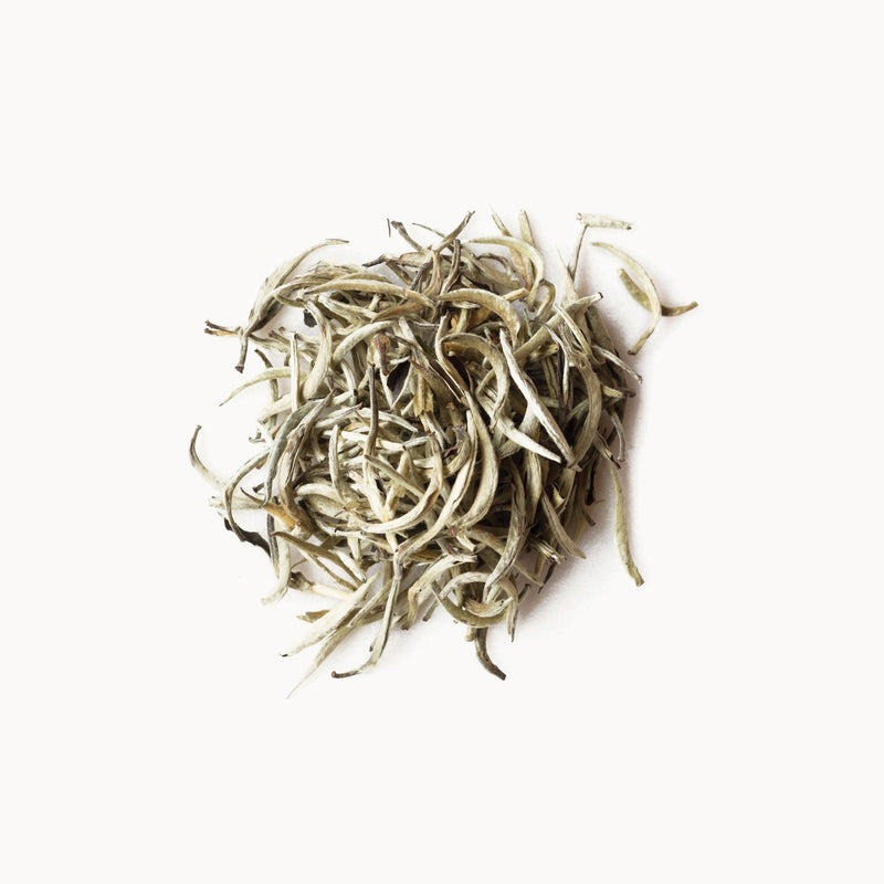 A pile of Rishi Tea & Botanicals Silver Needles on a white background.
